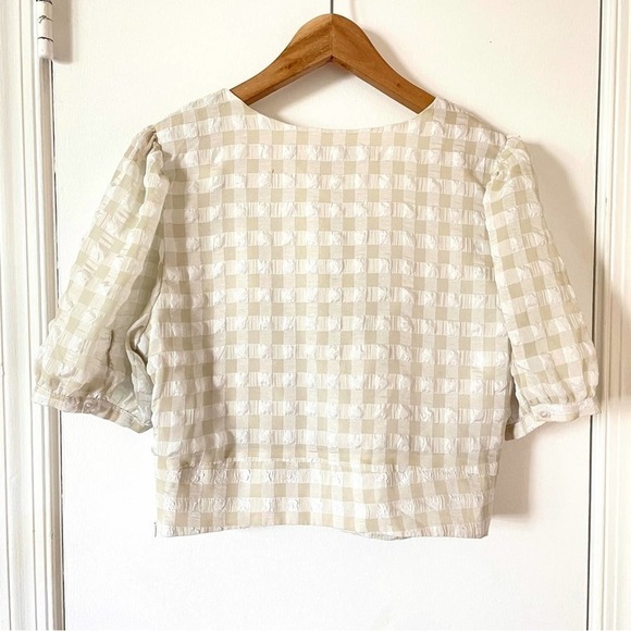 Walter Baker Gingham Seersucker Puff Sleeve Crop Top Front Tie Blouse XL - Picture 4 of 8